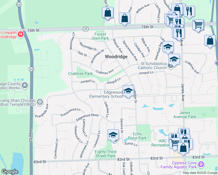 map of restaurants, bars, coffee shops, grocery stores, and more near 2836 Everglade Avenue in Woodridge