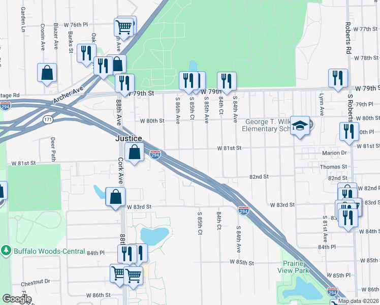 map of restaurants, bars, coffee shops, grocery stores, and more near 8100 South 85th Court in Justice