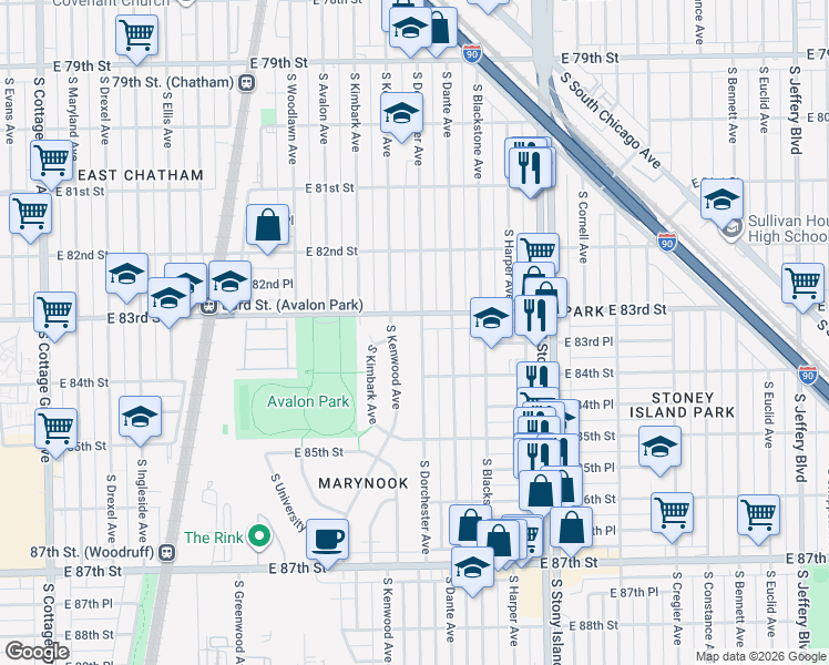 map of restaurants, bars, coffee shops, grocery stores, and more near 8322 South Dorchester Avenue in Chicago