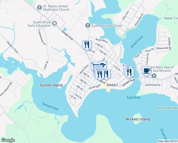 map of restaurants, bars, coffee shops, grocery stores, and more near 9 Ninth Street in Wareham
