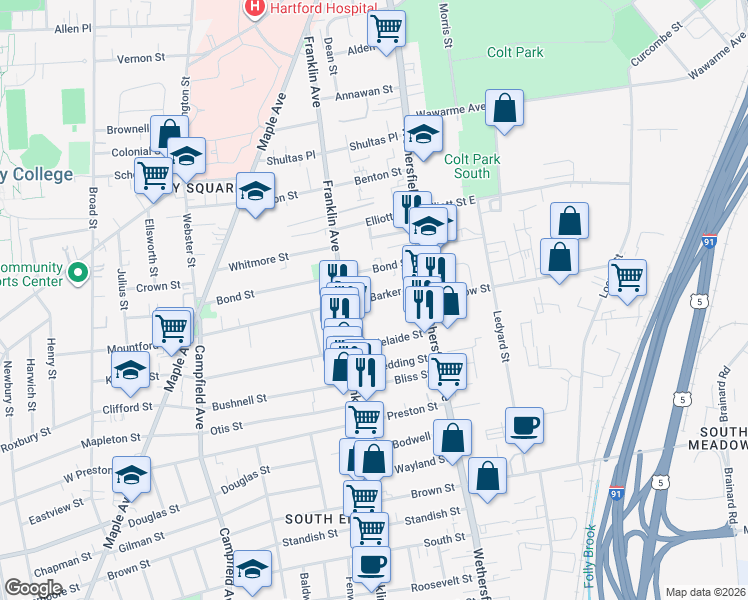 map of restaurants, bars, coffee shops, grocery stores, and more near 45 Barker Street in Hartford