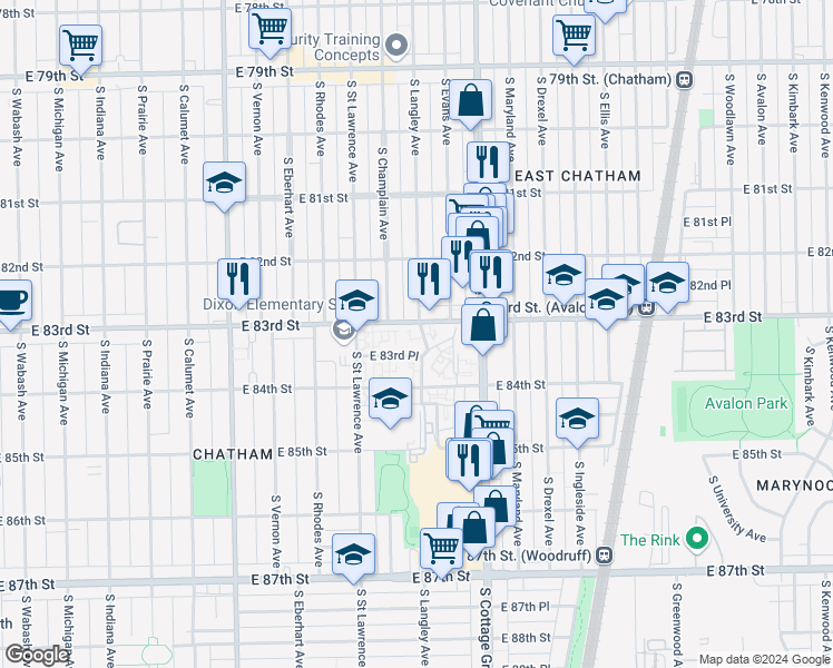 map of restaurants, bars, coffee shops, grocery stores, and more near 8306 South Langley Avenue in Chicago