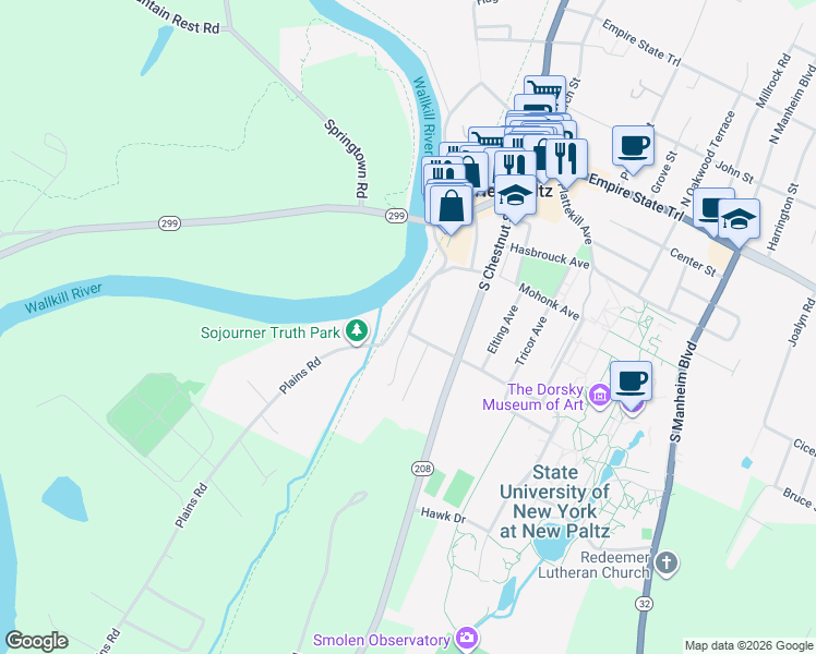 map of restaurants, bars, coffee shops, grocery stores, and more near 8 Pencil Hill Road in New Paltz