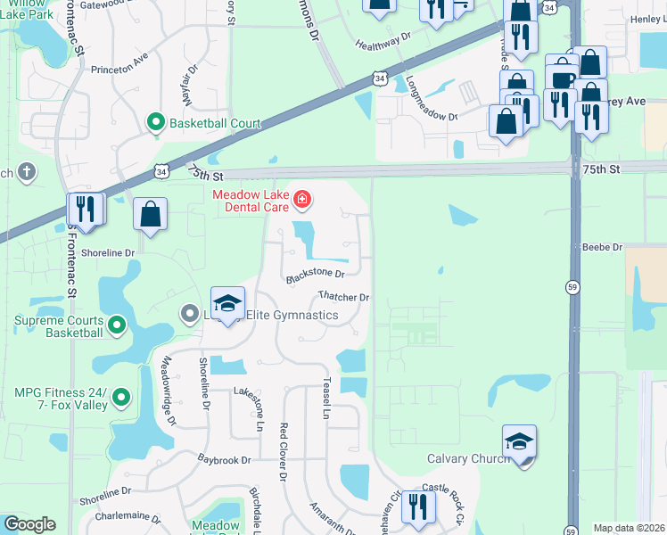 map of restaurants, bars, coffee shops, grocery stores, and more near 4000 Blackstone Drive in Aurora