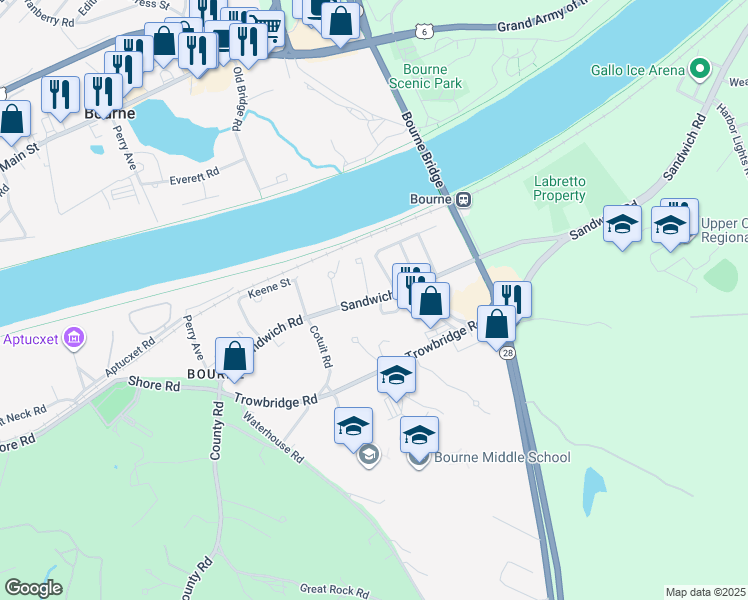 map of restaurants, bars, coffee shops, grocery stores, and more near 92 Sandwich Road in Bourne
