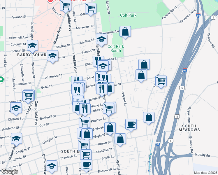 map of restaurants, bars, coffee shops, grocery stores, and more near 5 Meadow Street in Hartford