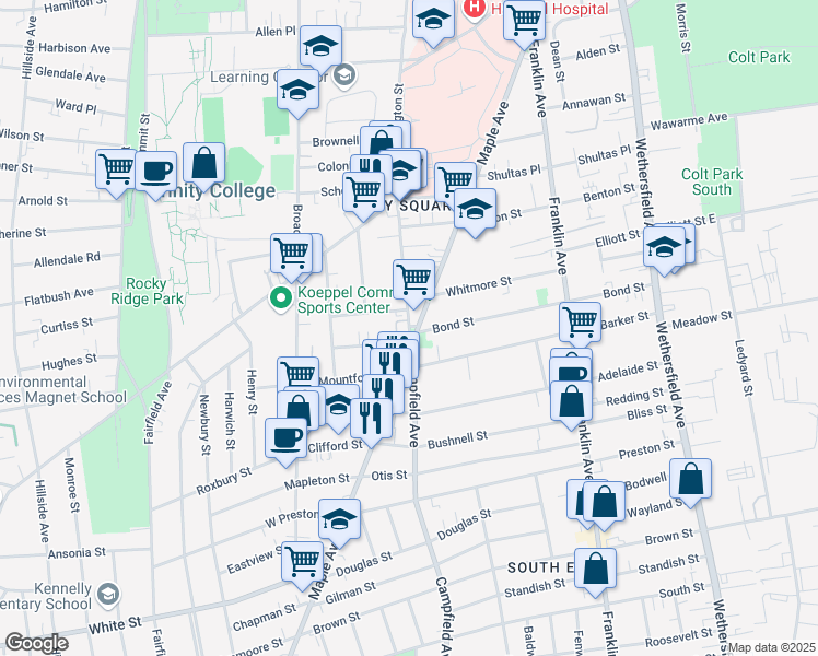 map of restaurants, bars, coffee shops, grocery stores, and more near 13 Campfield Avenue in Hartford