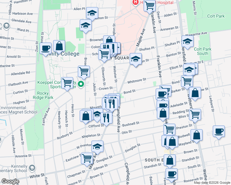 map of restaurants, bars, coffee shops, grocery stores, and more near in Hartford
