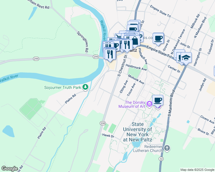 map of restaurants, bars, coffee shops, grocery stores, and more near 65 South Chestnut Street in New Paltz