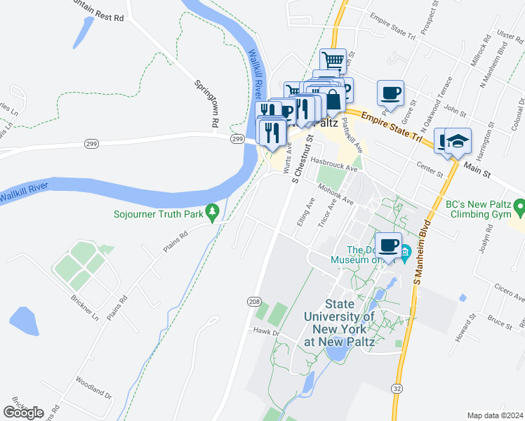 map of restaurants, bars, coffee shops, grocery stores, and more near 65 South Chestnut Street in New Paltz