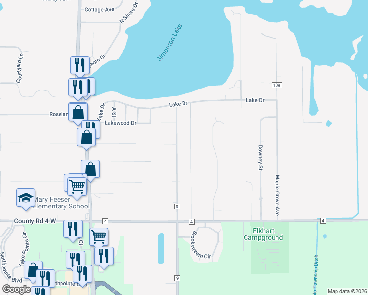 map of restaurants, bars, coffee shops, grocery stores, and more near 51663 County Road 9 in Elkhart