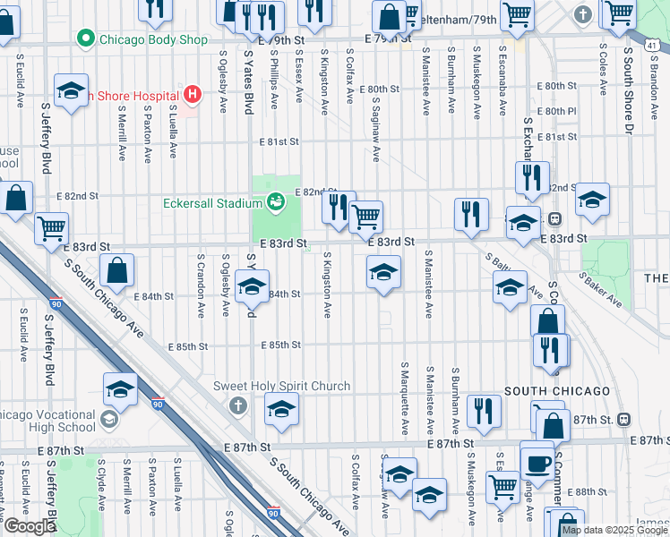 map of restaurants, bars, coffee shops, grocery stores, and more near 8336 South Kingston Avenue in Chicago
