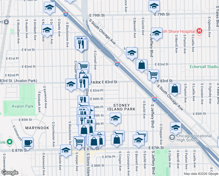 map of restaurants, bars, coffee shops, grocery stores, and more near 1720 East 83rd Place in Chicago