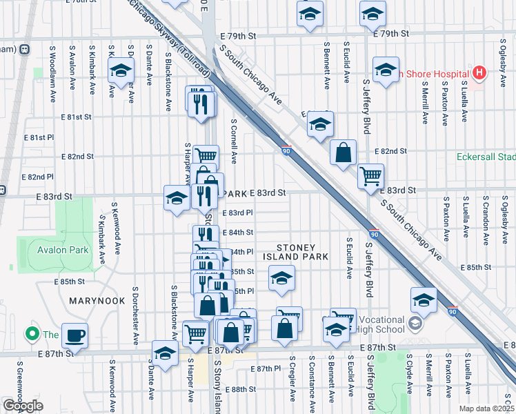 map of restaurants, bars, coffee shops, grocery stores, and more near 1720 East 83rd Place in Chicago