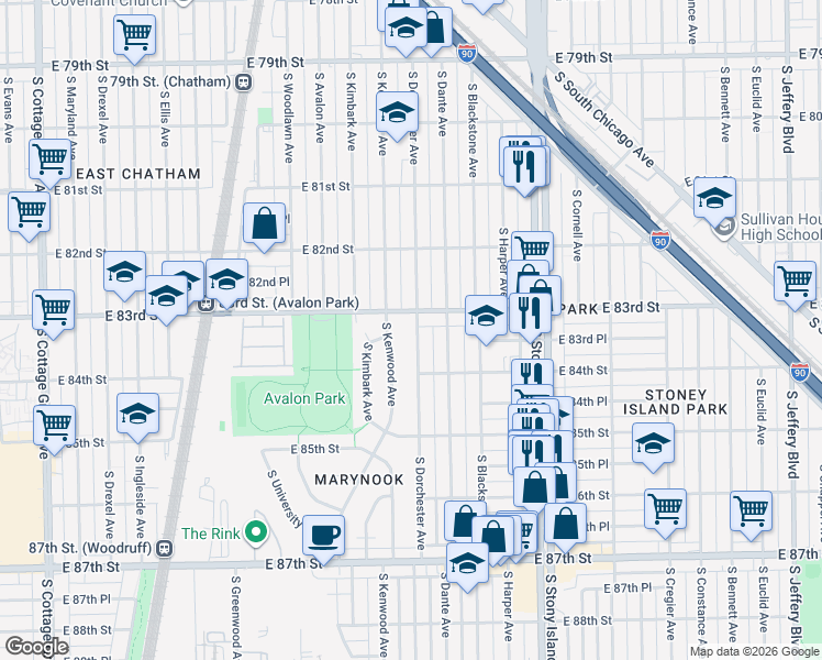 map of restaurants, bars, coffee shops, grocery stores, and more near 8322 South Dorchester Avenue in Chicago