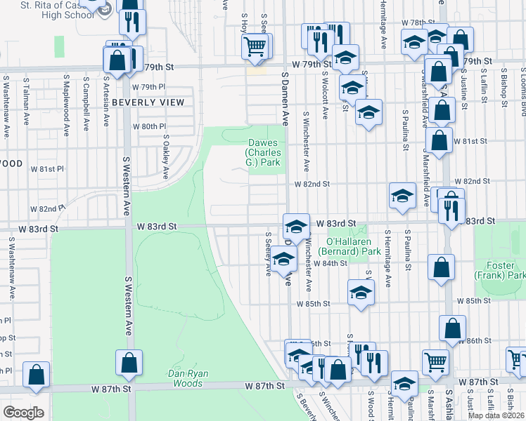 map of restaurants, bars, coffee shops, grocery stores, and more near 2049 West 82nd Place in Chicago