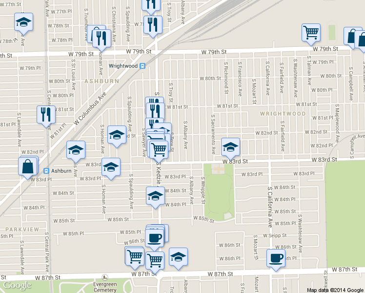 map of restaurants, bars, coffee shops, grocery stores, and more near 8229 South Troy Street in Chicago