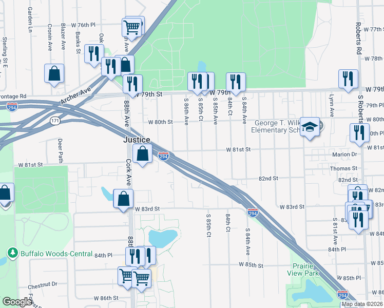 map of restaurants, bars, coffee shops, grocery stores, and more near 8100 South 85th Court in Justice