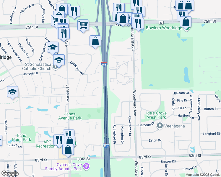 map of restaurants, bars, coffee shops, grocery stores, and more near 2209 Hiawatha Court in Woodridge