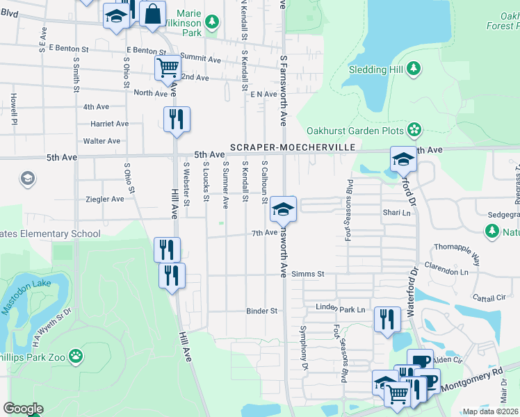 map of restaurants, bars, coffee shops, grocery stores, and more near 612 South Calhoun Street in Aurora