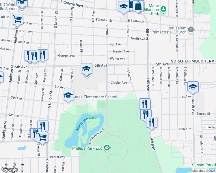 map of restaurants, bars, coffee shops, grocery stores, and more near 571 Smith Boulevard in Aurora