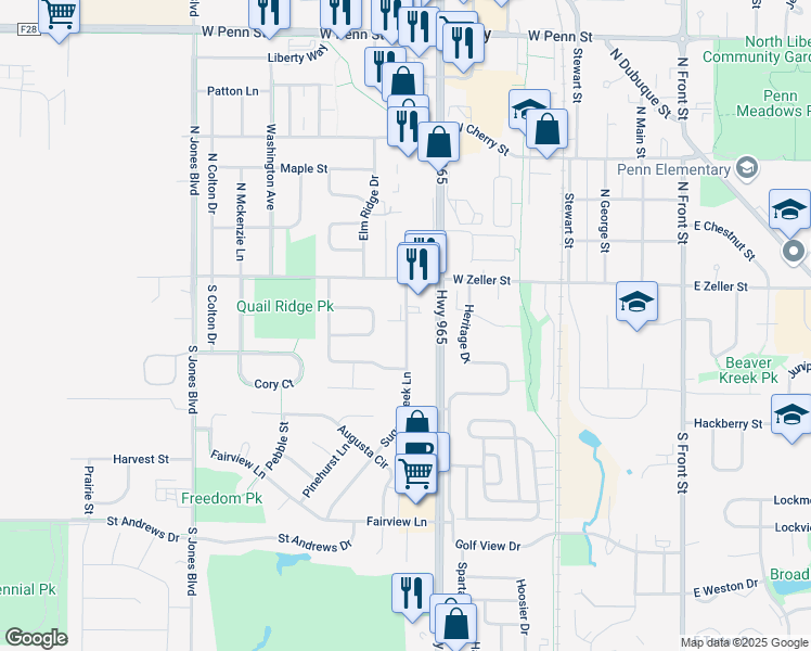 map of restaurants, bars, coffee shops, grocery stores, and more near 115 Sugar Creek Lane in North Liberty