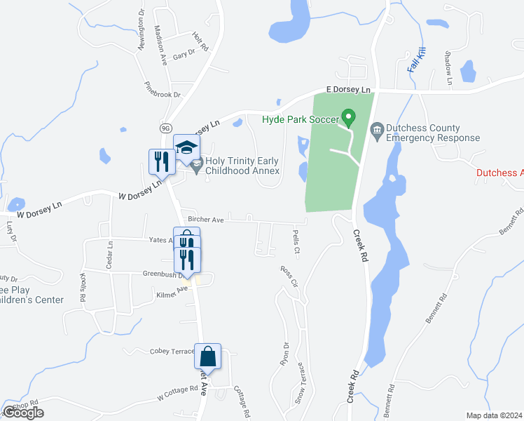 map of restaurants, bars, coffee shops, grocery stores, and more near 38 Bircher Avenue in Poughkeepsie
