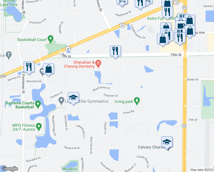 map of restaurants, bars, coffee shops, grocery stores, and more near 4012 Blackstone Drive in Aurora