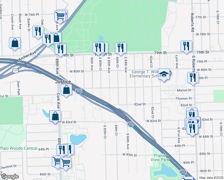 map of restaurants, bars, coffee shops, grocery stores, and more near 8101 85th Avenue in Oak Lawn