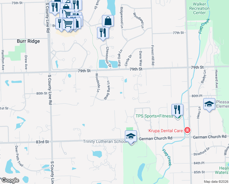 map of restaurants, bars, coffee shops, grocery stores, and more near 11629 White Oak Court in Burr Ridge