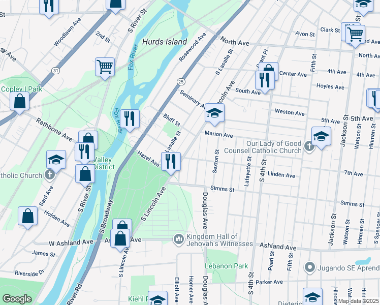 map of restaurants, bars, coffee shops, grocery stores, and more near 636 South Lincoln Avenue in Aurora