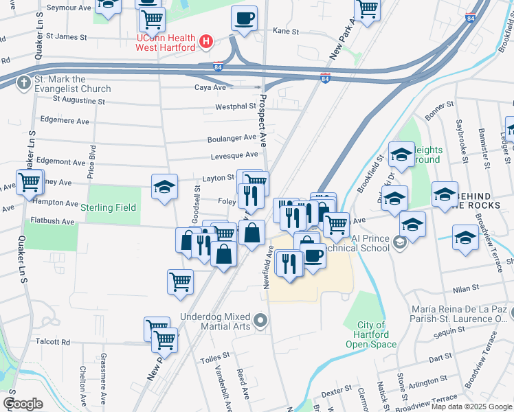 map of restaurants, bars, coffee shops, grocery stores, and more near 440 New Park Avenue in West Hartford