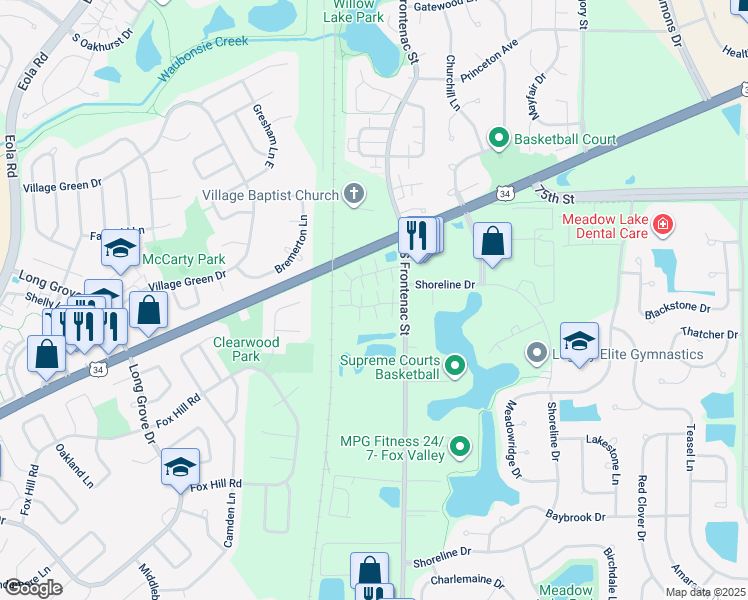 map of restaurants, bars, coffee shops, grocery stores, and more near 3385 Ravinia Circle in Aurora