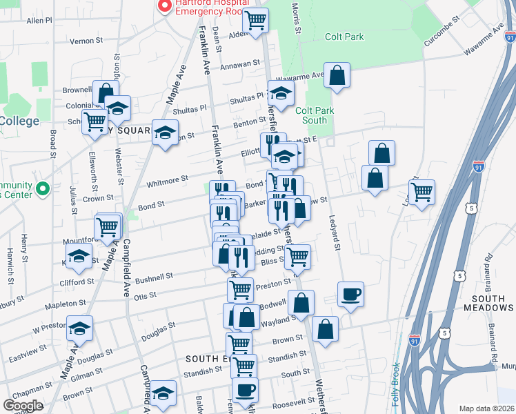 map of restaurants, bars, coffee shops, grocery stores, and more near 45 Barker Street in Hartford