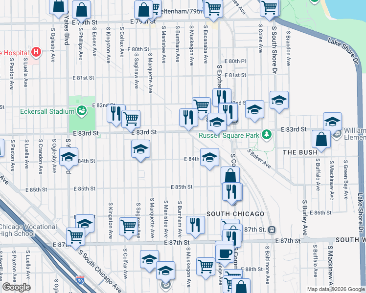 map of restaurants, bars, coffee shops, grocery stores, and more near 8334 South Burnham Avenue in Chicago