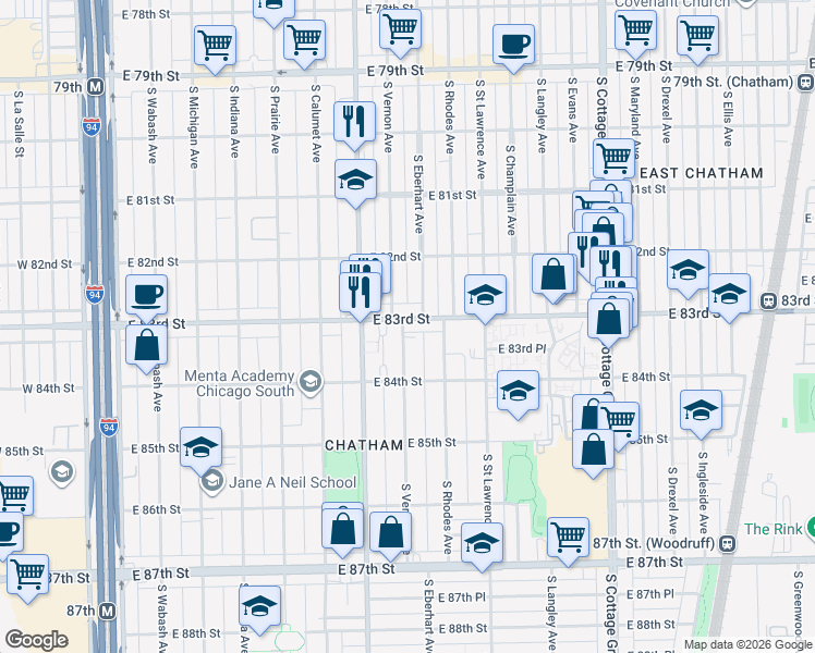 map of restaurants, bars, coffee shops, grocery stores, and more near 8306 South Vernon Avenue in Chicago