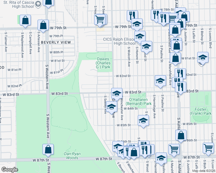 map of restaurants, bars, coffee shops, grocery stores, and more near 8242 South Damen Avenue in Chicago