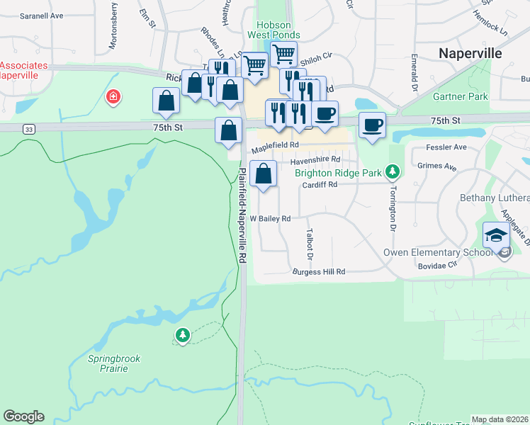 map of restaurants, bars, coffee shops, grocery stores, and more near 900 Eddystone Circle in Naperville