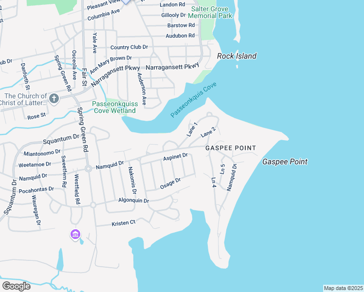 map of restaurants, bars, coffee shops, grocery stores, and more near 425 Namquid Drive in Warwick