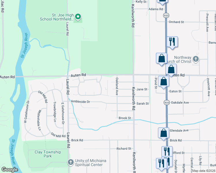 map of restaurants, bars, coffee shops, grocery stores, and more near 5150 Hamlin Court in South Bend
