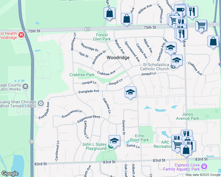 map of restaurants, bars, coffee shops, grocery stores, and more near 2836 Everglade Avenue in Woodridge