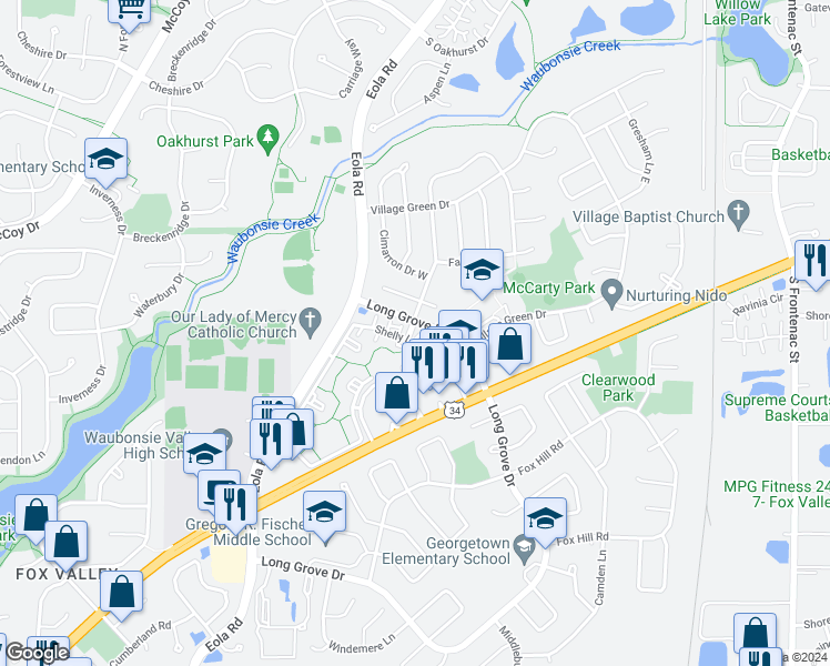 map of restaurants, bars, coffee shops, grocery stores, and more near 2872 Shelly Lane in Aurora