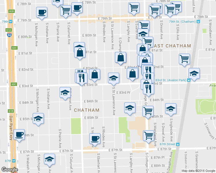 map of restaurants, bars, coffee shops, grocery stores, and more near 535 E 83rd St in Chicago