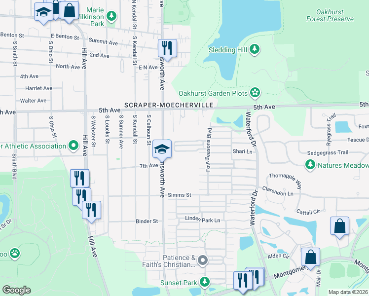 map of restaurants, bars, coffee shops, grocery stores, and more near 1605 Victoria Park Circle in Aurora