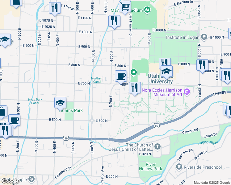 map of restaurants, bars, coffee shops, grocery stores, and more near 89 University Hill Way in Logan