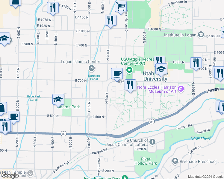 map of restaurants, bars, coffee shops, grocery stores, and more near 89 University Hill Way in Logan