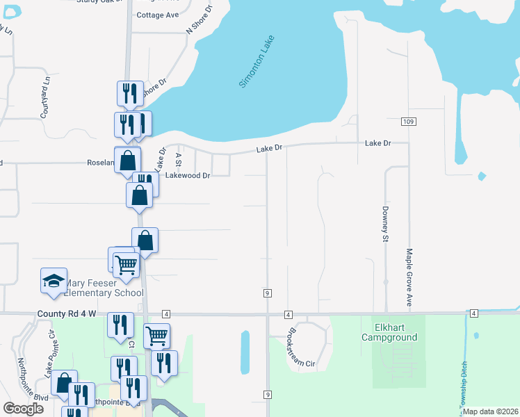 map of restaurants, bars, coffee shops, grocery stores, and more near 51663 County Road 9 in Elkhart