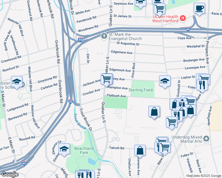 map of restaurants, bars, coffee shops, grocery stores, and more near 183 Hampton Avenue in West Hartford