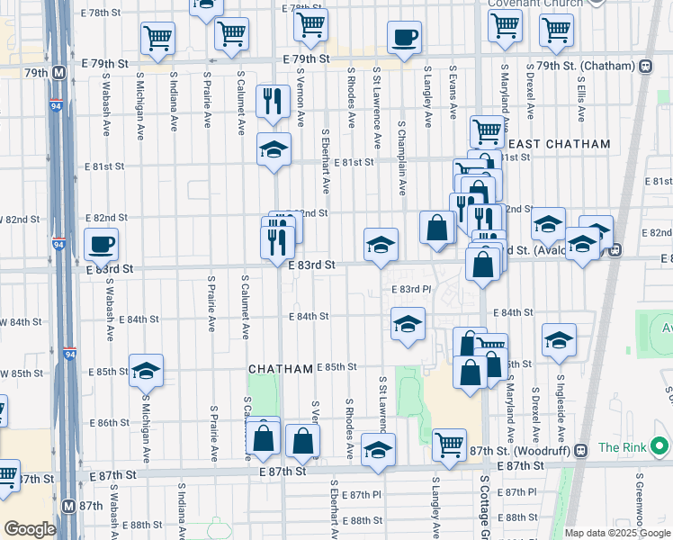 map of restaurants, bars, coffee shops, grocery stores, and more near 505 East 83rd Street in Chicago