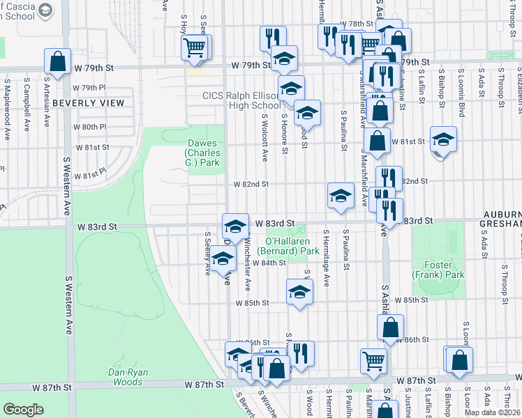 map of restaurants, bars, coffee shops, grocery stores, and more near 8245 South Wolcott Avenue in Chicago